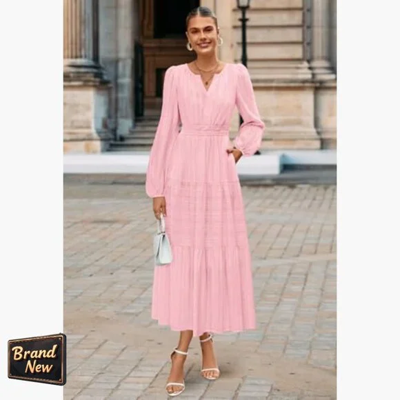 Long Sleeve V Neck Tiered Cotton Maxi Dress with Pockets - Picture 4 of 7